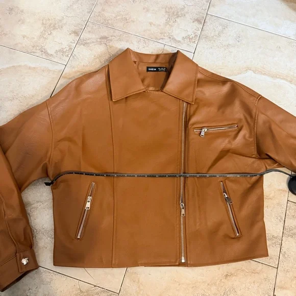 🎉 SOLD - SHEIN Brown/Tan Faux Leather Moto Jacket – Size S - Picture 6 of 9